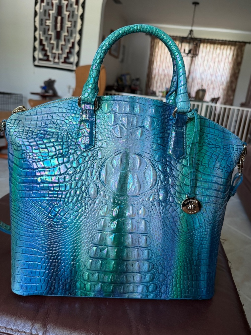 Brahmin Large Duxbury Satchel Blue Topaz Jewel Tone Croc Embossed Leather